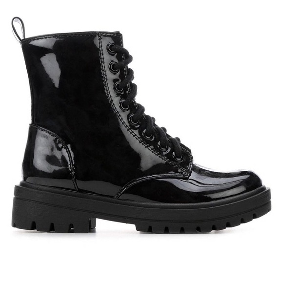 Black patent vegan leather lace up combat boots - Picture 3 of 6